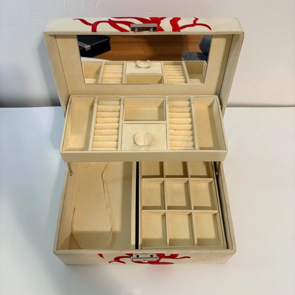 Jewelry Box Coral Embroidered Coastal Cream Red Organizer Small Mirror